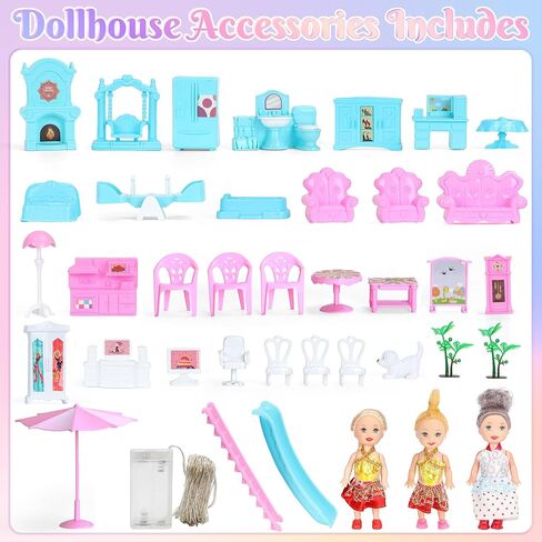 بيت الدمى المكون من 4 قصص من 7 إلى 8 سنوات، بيت الدمى الحلم مع ملحقات الأثاث، 3 دمى، أضواء، بيوت الدمى للأطفال الصغار من عمر 4 إلى 5 سنوات للفتيات والأولاد الذين يتظاهرون كوخ هدية للأطفال بعمر 3 سنوات فما فوق in Kuwait