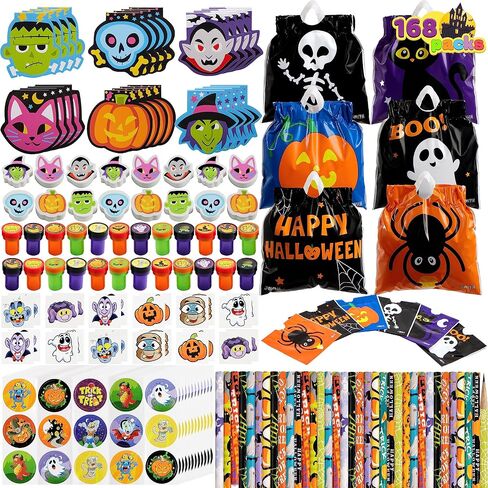 JOYIN 168 Pcs 24 Pack Assorted Halloween Art and Craft Stationery Kids Gift Set Trick or Treat Party Favor Toy Including Halloween Bag, Notepads, Stamps, Pencils, Stickers and Temporary Tattoos in Saudi Arabia