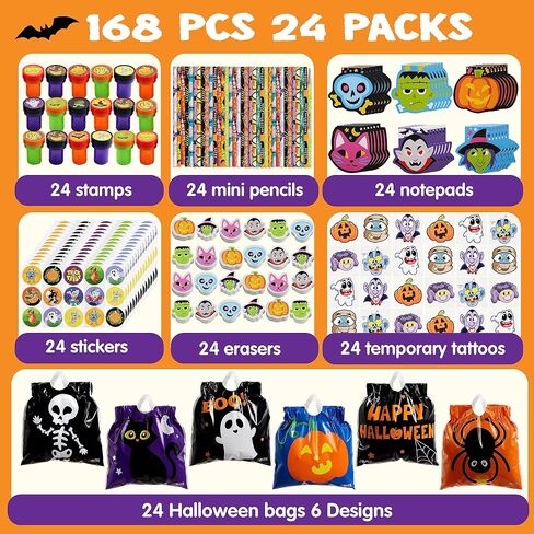JOYIN 168 Pcs 24 Pack Assorted Halloween Art and Craft Stationery Kids Gift Set Trick or Treat Party Favor Toy Including Halloween Bag, Notepads, Stamps, Pencils, Stickers and Temporary Tattoos in Saudi Arabia
