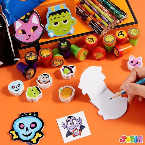 JOYIN 168 Pcs 24 Pack Assorted Halloween Art and Craft Stationery Kids Gift Set Trick or Treat Party Favor Toy Including Halloween Bag, Notepads, Stamps, Pencils, Stickers and Temporary Tattoos in Saudi Arabia