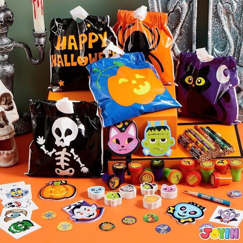 JOYIN 168 Pcs 24 Pack Assorted Halloween Art and Craft Stationery Kids Gift Set Trick or Treat Party Favor Toy Including Halloween Bag, Notepads, Stamps, Pencils, Stickers and Temporary Tattoos in Saudi Arabia