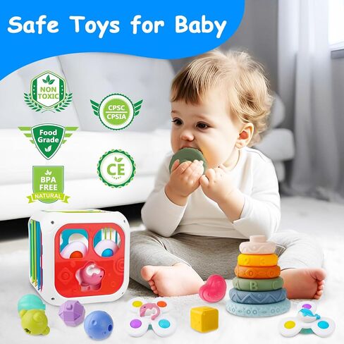 Baby Montessori Toys for 6 to 12 Months, Shape Sorter Sensory Bin with 6 Shape Blocks, Stacking Rings Infant Teething Toys, Suction Cup Spinner Toddler Bath Toy, Baby Toys Gift for Birthday Christmas in Kuwait
