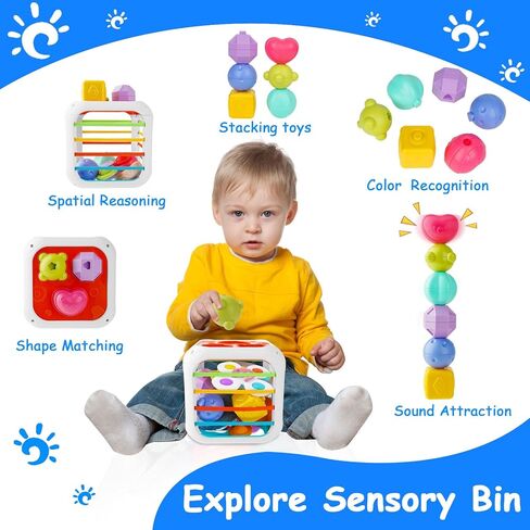 Baby Montessori Toys for 6 to 12 Months, Shape Sorter Sensory Bin with 6 Shape Blocks, Stacking Rings Infant Teething Toys, Suction Cup Spinner Toddler Bath Toy, Baby Toys Gift for Birthday Christmas in Kuwait