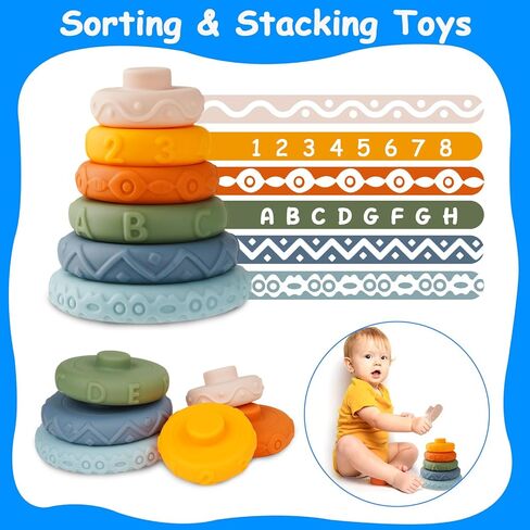 Baby Montessori Toys for 6 to 12 Months, Shape Sorter Sensory Bin with 6 Shape Blocks, Stacking Rings Infant Teething Toys, Suction Cup Spinner Toddler Bath Toy, Baby Toys Gift for Birthday Christmas in Kuwait