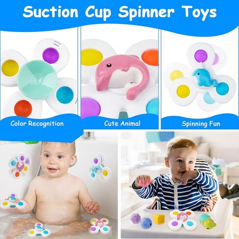Baby Montessori Toys for 6 to 12 Months, Shape Sorter Sensory Bin with 6 Shape Blocks, Stacking Rings Infant Teething Toys, Suction Cup Spinner Toddler Bath Toy, Baby Toys Gift for Birthday Christmas in Kuwait