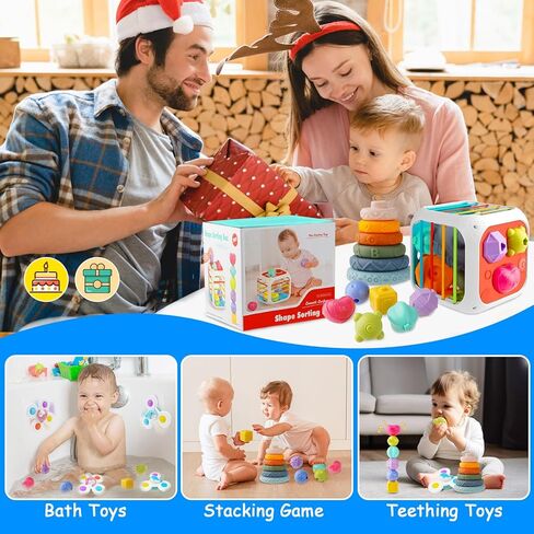 Baby Montessori Toys for 6 to 12 Months, Shape Sorter Sensory Bin with 6 Shape Blocks, Stacking Rings Infant Teething Toys, Suction Cup Spinner Toddler Bath Toy, Baby Toys Gift for Birthday Christmas in Kuwait