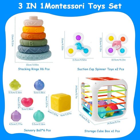 Baby Montessori Toys for 6 to 12 Months, Shape Sorter Sensory Bin with 6 Shape Blocks, Stacking Rings Infant Teething Toys, Suction Cup Spinner Toddler Bath Toy, Baby Toys Gift for Birthday Christmas in Kuwait