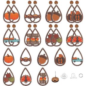 SUNNYCLUE 1 Box 8 Pairs Thanksgiving Dangle Making Starter Kit Thanksgiving Earrings Bulk Wood Teardrop Charms Wooden Fashion Earrings for Jewelry Making Kits Beginner Starter DIY Craft Gift Supplies