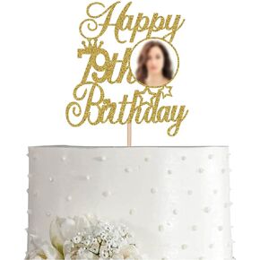 قطعة علوية لكعكة عيد الميلاد باللون الذهبي 79، زينة عيد ميلاد سعيد 79 للنساء والرجال اللامعة مع إطار للصور، دعائم صور للحفلات