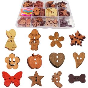 DAWN FLAME 120 قطعة من الأزرار الخشبية المتنوعة وفتحتين و12 شكلاً مختلطًا من القماش للخياطة الفنية ومجموعة لوازم الحرف اليدوية مع صندوق تخزين (12 متنوعة) in Kuwait