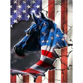 VISIAIP 5D Painting by Numbers Kits for Adults National Flag Horse DIY Round Diamond Art Kits Patriotic Animals Picture Art for Home Wall Decor,11.8x15.7 inch