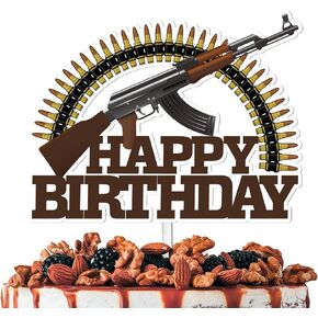 Brown Glitter Heavy Gun Happy Birthday Cake Topper Cheer to Gun Theme Decor Supplies Men Boys Birthday Party Decorations