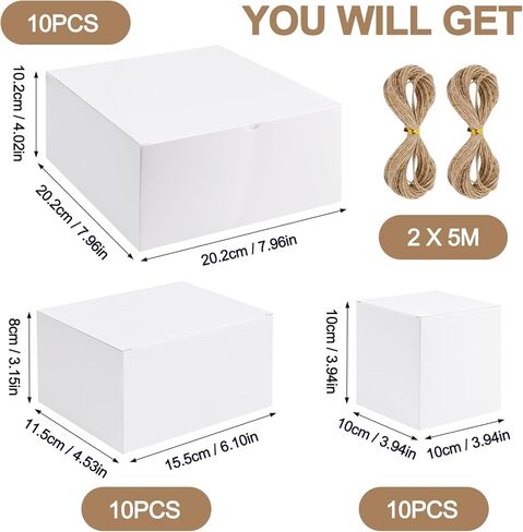 30 قطعة من علب الهدايا البيضاء، 3 أحجام من علب الهدايا مع أغطية، هدايا مقترحة لوصيفات العروس مع خيوط بطول 33 قدمًا لهدايا وصيفات العروس، هدايا الكريسماس، هدايا الزفاف، التخرج، هدايا حفلات أعياد الميلاد، عيد الأم in Kuwait