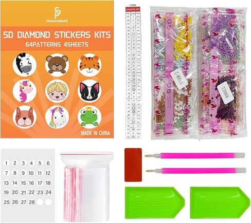 sinceroduct 64PCS 5D DIY Diamond Painting Stickers Kits for Kids and Adult Beginners - Shaped Paint Marked with Diamonds by Numbers, Diamond Art for Kids Art and Crafts, Kids Gift in Kuwait