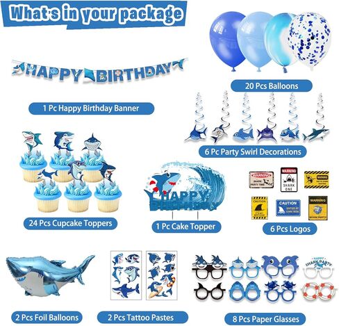 زينة حفلات اعياد الميلاد على شكل سمكة قرش، لوازم حفلات بطابع القرش للاولاد الصغار - لافتة وكعك وكب كيك وبالونات. دوامة معلقة، نظارات قرش، لافتة قرش in Kuwait