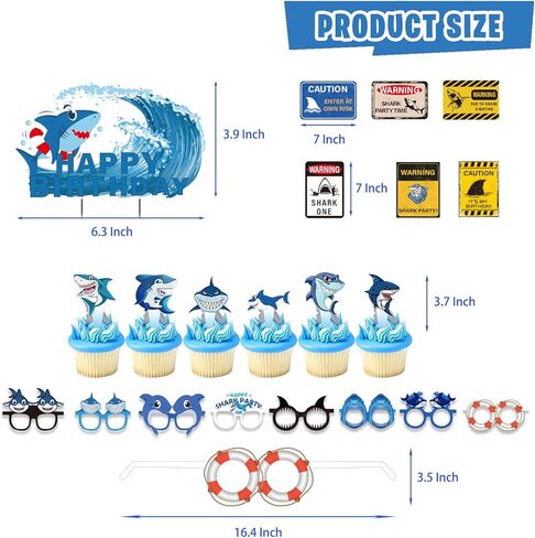 زينة حفلات اعياد الميلاد على شكل سمكة قرش، لوازم حفلات بطابع القرش للاولاد الصغار - لافتة وكعك وكب كيك وبالونات. دوامة معلقة، نظارات قرش، لافتة قرش in Kuwait
