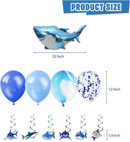 زينة حفلات اعياد الميلاد على شكل سمكة قرش، لوازم حفلات بطابع القرش للاولاد الصغار - لافتة وكعك وكب كيك وبالونات. دوامة معلقة، نظارات قرش، لافتة قرش in Kuwait