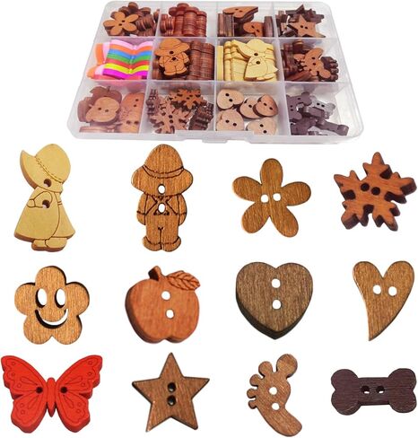 DAWN FLAME 120 قطعة من الأزرار الخشبية المتنوعة وفتحتين و12 شكلاً مختلطًا من القماش للخياطة الفنية ومجموعة لوازم الحرف اليدوية مع صندوق تخزين (12 متنوعة) in Kuwait