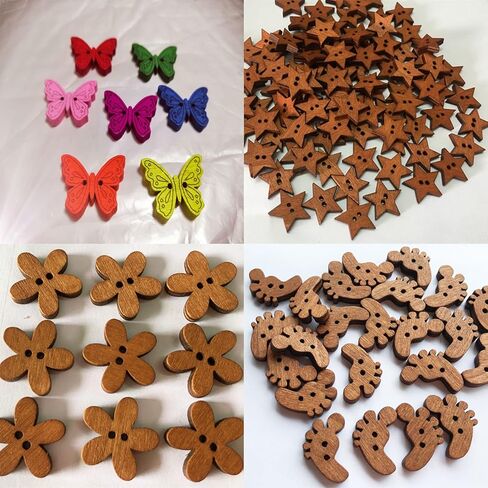 DAWN FLAME 120 قطعة من الأزرار الخشبية المتنوعة وفتحتين و12 شكلاً مختلطًا من القماش للخياطة الفنية ومجموعة لوازم الحرف اليدوية مع صندوق تخزين (12 متنوعة) in Kuwait