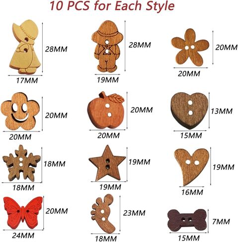 DAWN FLAME 120 قطعة من الأزرار الخشبية المتنوعة وفتحتين و12 شكلاً مختلطًا من القماش للخياطة الفنية ومجموعة لوازم الحرف اليدوية مع صندوق تخزين (12 متنوعة) in Kuwait