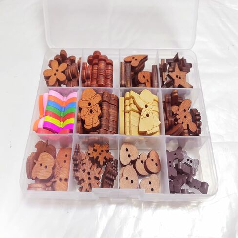 DAWN FLAME 120 قطعة من الأزرار الخشبية المتنوعة وفتحتين و12 شكلاً مختلطًا من القماش للخياطة الفنية ومجموعة لوازم الحرف اليدوية مع صندوق تخزين (12 متنوعة) in Kuwait