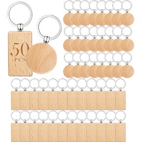 50 قطعة من سلاسل المفاتيح الفارغة الفارغة ذات العلامات الخشبية المخصصة يمكن استخدامها كسلاسل مفاتيح، بطاقات لبطاقات امتعة الحيوانات الاليفة (دائرية ومستطيلة) in Kuwait