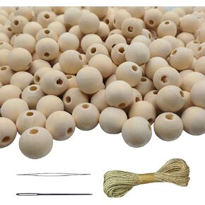 SMANTA 150Pcs Unfinished Wood Beads Bulk with Large Holes for Crafts, 18mm Natural Round Wooden Beads with 10m Jute Rope Beads Needle for Garland Jewelry Making in Kuwait