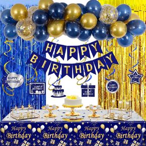 Navy Blue Gold Birthday Decorations for Men, Happy Birthday Decorations Banner for Women Glitter Birthday Decorations Yard Sign Backdrop Birthday Balloons for Boys Girls Party Supplies Indoor Outdoor
