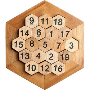 Wooden Digital Platter Puzzle,Classical Puzzle Toys Brain Teaser Wooden Hexagon Digital Puzzle Toys,Digital Game Number 19 Sum Equal to 38 Math Board Game Toy for Kids and Adults