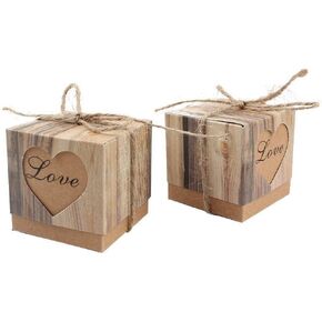 Kaptin 50 Pack Candy Favor Boxes Vintage Kraft Bonbonniere with Burlap Twine, Love Heart Imitation Bark Gift Bag for Wedding Birthday Bridal Party Shower Decoration in Kuwait