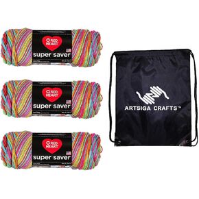 Red Heart Super Saver Pooling Stillwater E300P-8532 (3-Skeins - Same Dye Lot) Worsted Medium #4 Acrylic Yarn for Crocheting and Knitting - Bundle with 1 Artsiga Crafts Project Bag