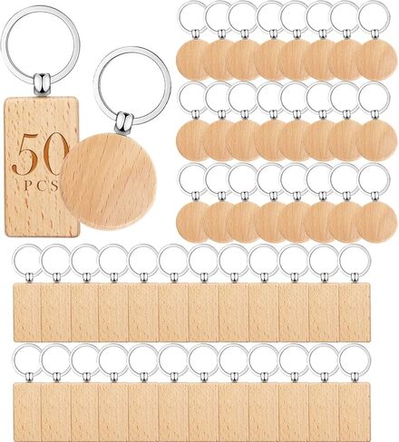 50 قطعة من سلاسل المفاتيح الفارغة الفارغة ذات العلامات الخشبية المخصصة يمكن استخدامها كسلاسل مفاتيح، بطاقات لبطاقات امتعة الحيوانات الاليفة (دائرية ومستطيلة) in Kuwait