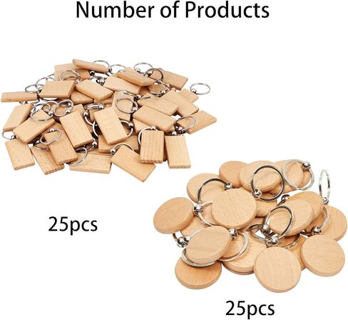 50 قطعة من سلاسل المفاتيح الفارغة الفارغة ذات العلامات الخشبية المخصصة يمكن استخدامها كسلاسل مفاتيح، بطاقات لبطاقات امتعة الحيوانات الاليفة (دائرية ومستطيلة) in Kuwait