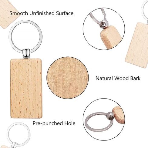 50 قطعة من سلاسل المفاتيح الفارغة الفارغة ذات العلامات الخشبية المخصصة يمكن استخدامها كسلاسل مفاتيح، بطاقات لبطاقات امتعة الحيوانات الاليفة (دائرية ومستطيلة) in Kuwait
