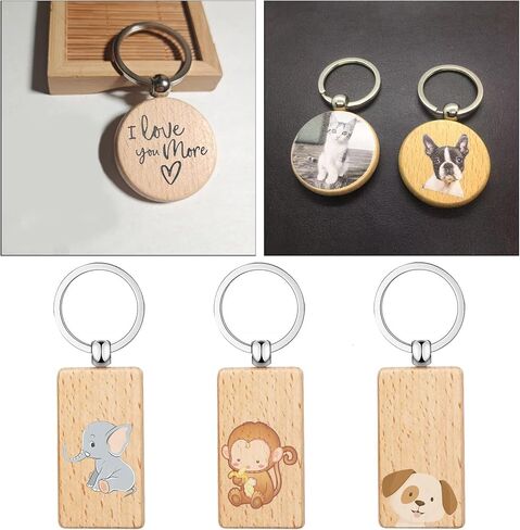 50 قطعة من سلاسل المفاتيح الفارغة الفارغة ذات العلامات الخشبية المخصصة يمكن استخدامها كسلاسل مفاتيح، بطاقات لبطاقات امتعة الحيوانات الاليفة (دائرية ومستطيلة) in Kuwait