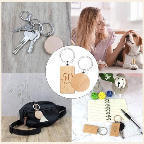 50 قطعة من سلاسل المفاتيح الفارغة الفارغة ذات العلامات الخشبية المخصصة يمكن استخدامها كسلاسل مفاتيح، بطاقات لبطاقات امتعة الحيوانات الاليفة (دائرية ومستطيلة) in Kuwait