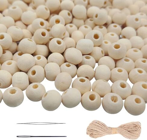 SMANTA 150Pcs Unfinished Wood Beads Bulk with Large Holes for Crafts, 18mm Natural Round Wooden Beads with 10m Jute Rope Beads Needle for Garland Jewelry Making in Kuwait