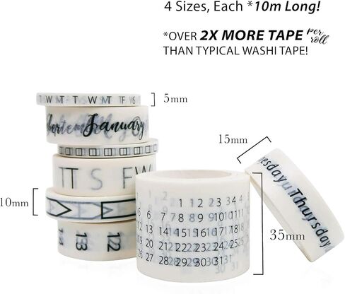 Crafty Giraffe Co. Calendar Washi Tape Set - 4 Sizes 35mm 15mm 10mm 5mm, Decorative Patterned Masking Tape for Arts Crafts Bullet Journal & Planner (Set of 8) in Saudi Arabia