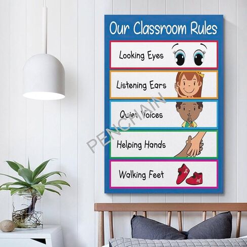 ملصقات الفصل الدراسي قواعد الفصل الدراسي في مرحلة ما قبل المدرسة قواعد الفصل الدراسي، ملصق قواعد الفصل الدراسي للغرفة ملصقات ومطبوعات جمالية على القماش ملصق فني جداري للغرفة 12 × 18 بوصة (30 × 45 سم) in Kuwait