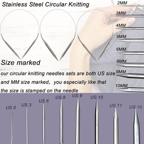 9 Pieces Size Marked US 0-15 Circular Knitting Needle Stainless Steel Knitting Needle Set for Beginner in Saudi Arabia