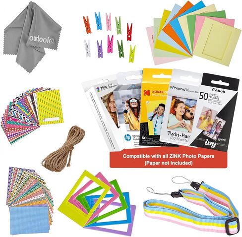 مجموعة اكسسوارات ممتعة لورق الصور 2×3 من زينك، 60 اطار ستيكر لاصق + 5 اطارات مكتب بلاستيكية + 10 اطارات ورقية + قماش من الالياف الدقيقة + حزام حمل (لون قوس قزح) in Kuwait