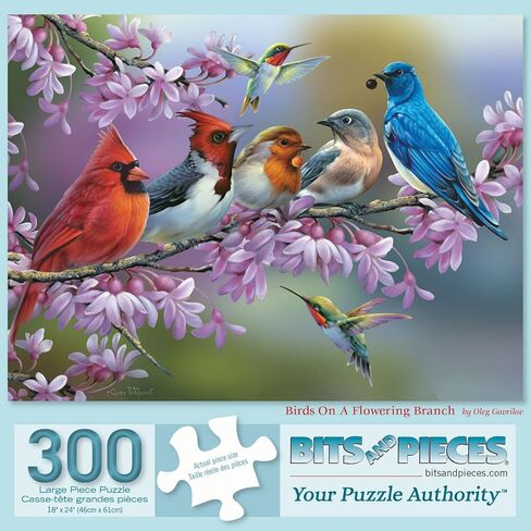 Bits and Pieces - 300 Piece Jigsaw Puzzle for Adults 18" x 24" - Birds On A Flowering Branch - 300 pc Cardinals Bluebird Hummingbird Flowers Jigsaw by Artist Oleg Gavrilov in Saudi Arabia