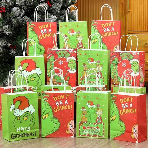 16pcs Grinch Christmas Party Decorations Gift Bags with Handles, whoville christmas decorations 4patterns for Xmas Party Supplies Goodies Bag for Winter Holiday in Saudi Arabia