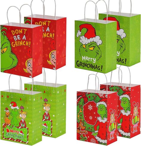 16pcs Grinch Christmas Party Decorations Gift Bags with Handles, whoville christmas decorations 4patterns for Xmas Party Supplies Goodies Bag for Winter Holiday in Saudi Arabia