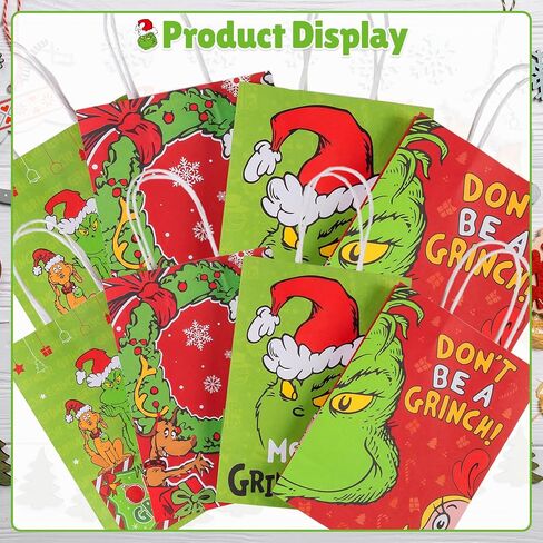 16pcs Grinch Christmas Party Decorations Gift Bags with Handles, whoville christmas decorations 4patterns for Xmas Party Supplies Goodies Bag for Winter Holiday in Saudi Arabia