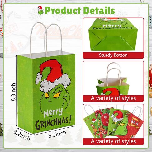 16pcs Grinch Christmas Party Decorations Gift Bags with Handles, whoville christmas decorations 4patterns for Xmas Party Supplies Goodies Bag for Winter Holiday in Saudi Arabia