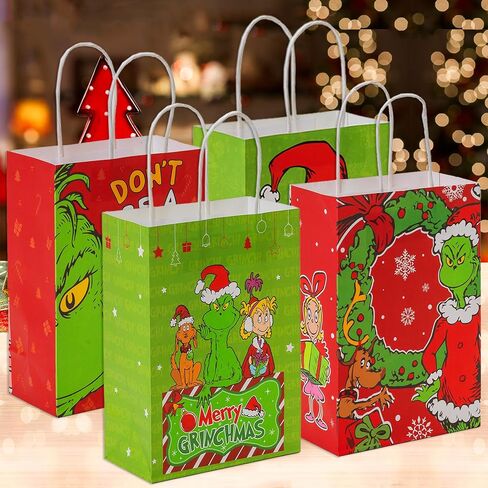 16pcs Grinch Christmas Party Decorations Gift Bags with Handles, whoville christmas decorations 4patterns for Xmas Party Supplies Goodies Bag for Winter Holiday in Saudi Arabia