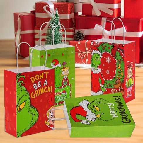 16pcs Grinch Christmas Party Decorations Gift Bags with Handles, whoville christmas decorations 4patterns for Xmas Party Supplies Goodies Bag for Winter Holiday in Saudi Arabia