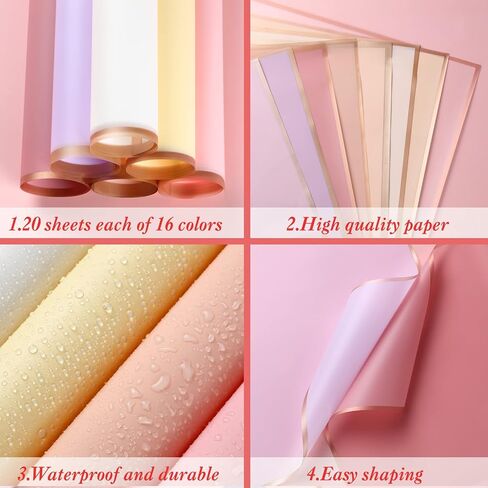 Pajean 320 Sheets Waterproof Flower Wrapping Paper Gold Edge Floral Wrap Assorted Flower Bouquet Wrap Florist Paper for Bouquets DIY Crafts Packaging Bouquet Supplies Valentine's Day (Pastel Color) in Saudi Arabia