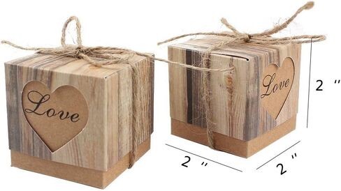 Kaptin 50 Pack Candy Favor Boxes Vintage Kraft Bonbonniere with Burlap Twine, Love Heart Imitation Bark Gift Bag for Wedding Birthday Bridal Party Shower Decoration in Kuwait